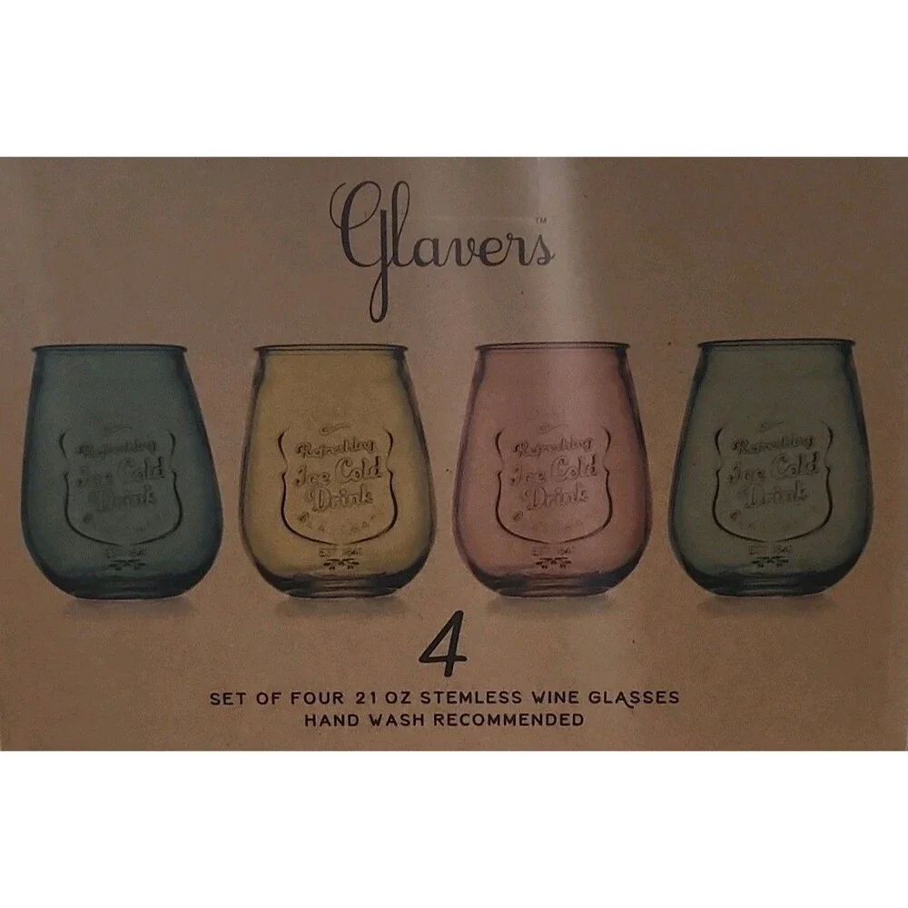 Glaver's Stemless Wine Glasses Set of 4 – 21oz 21 Ounces, Ice Cold-Multicolor